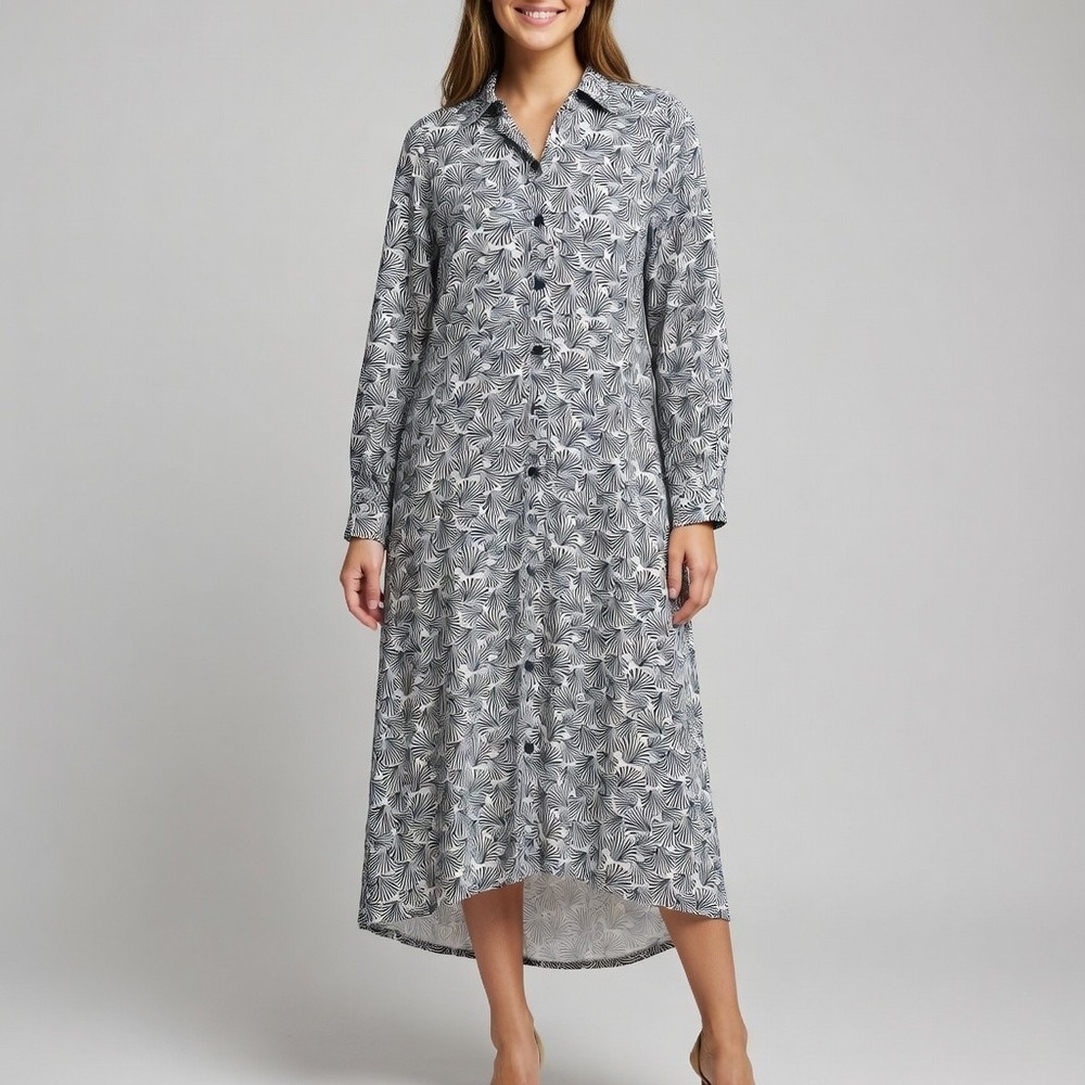 Printed Button-Front Maxi Shirt Dress - Grey Leaf Print
